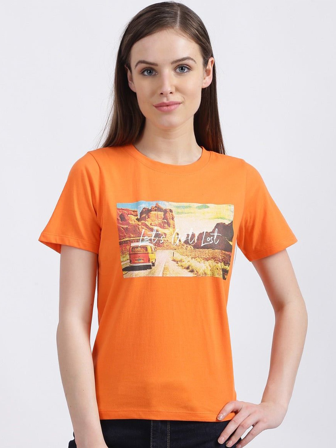 

Zink London Women Printed Applique T-shirt, Orange