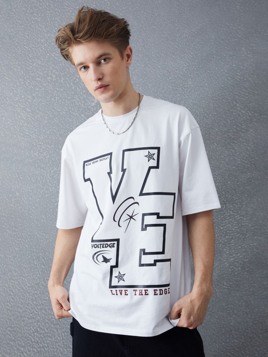 

VOLTEDGE Men Typography Printed Round Neck Cotton Oversized T-shirt, White