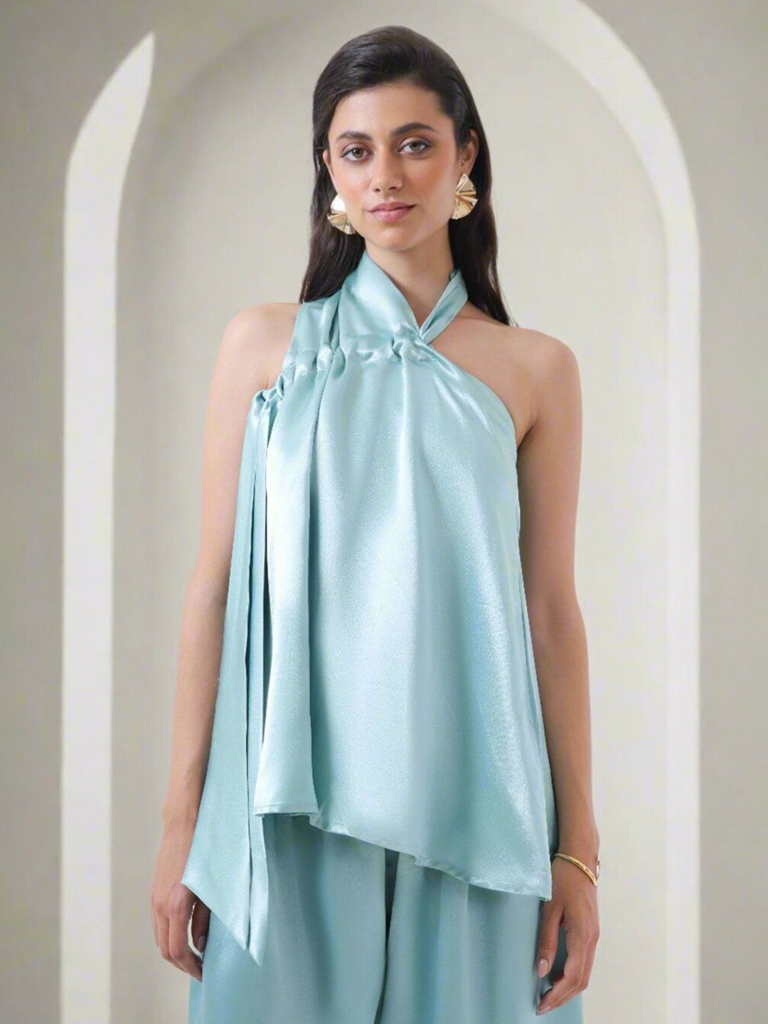 

YA-SA Women Solid Halter Neck Satin Top, Blue