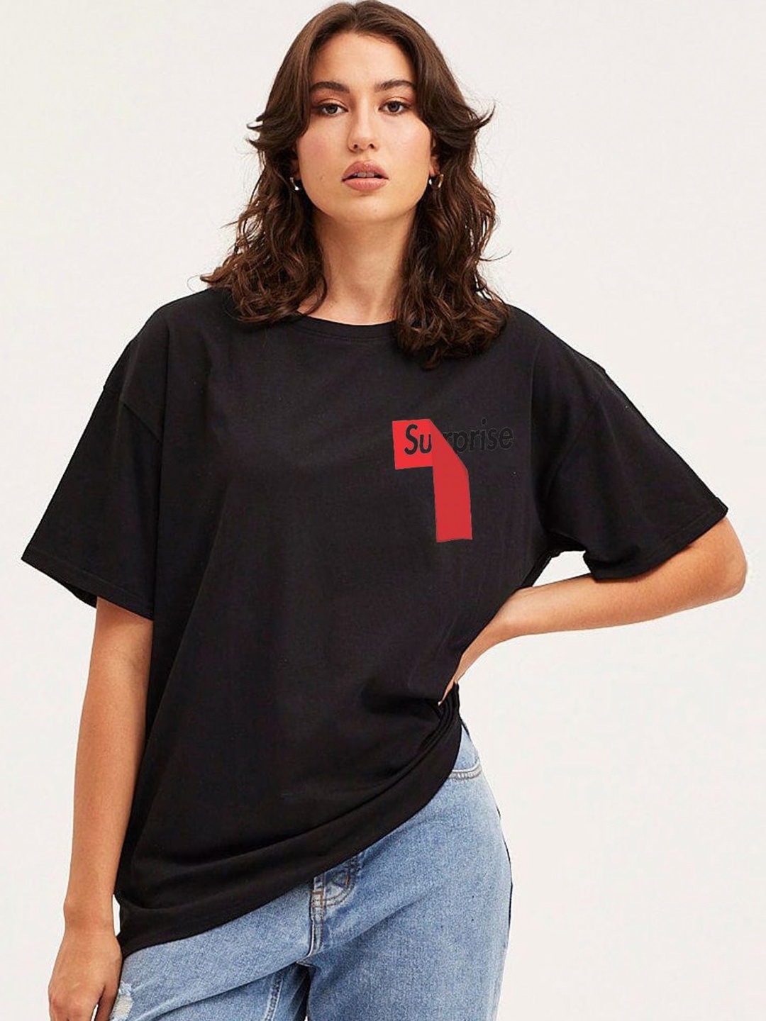 

Moda Rapido Women Typography Printed Round Neck Cotton Oversized T-shirt, Black