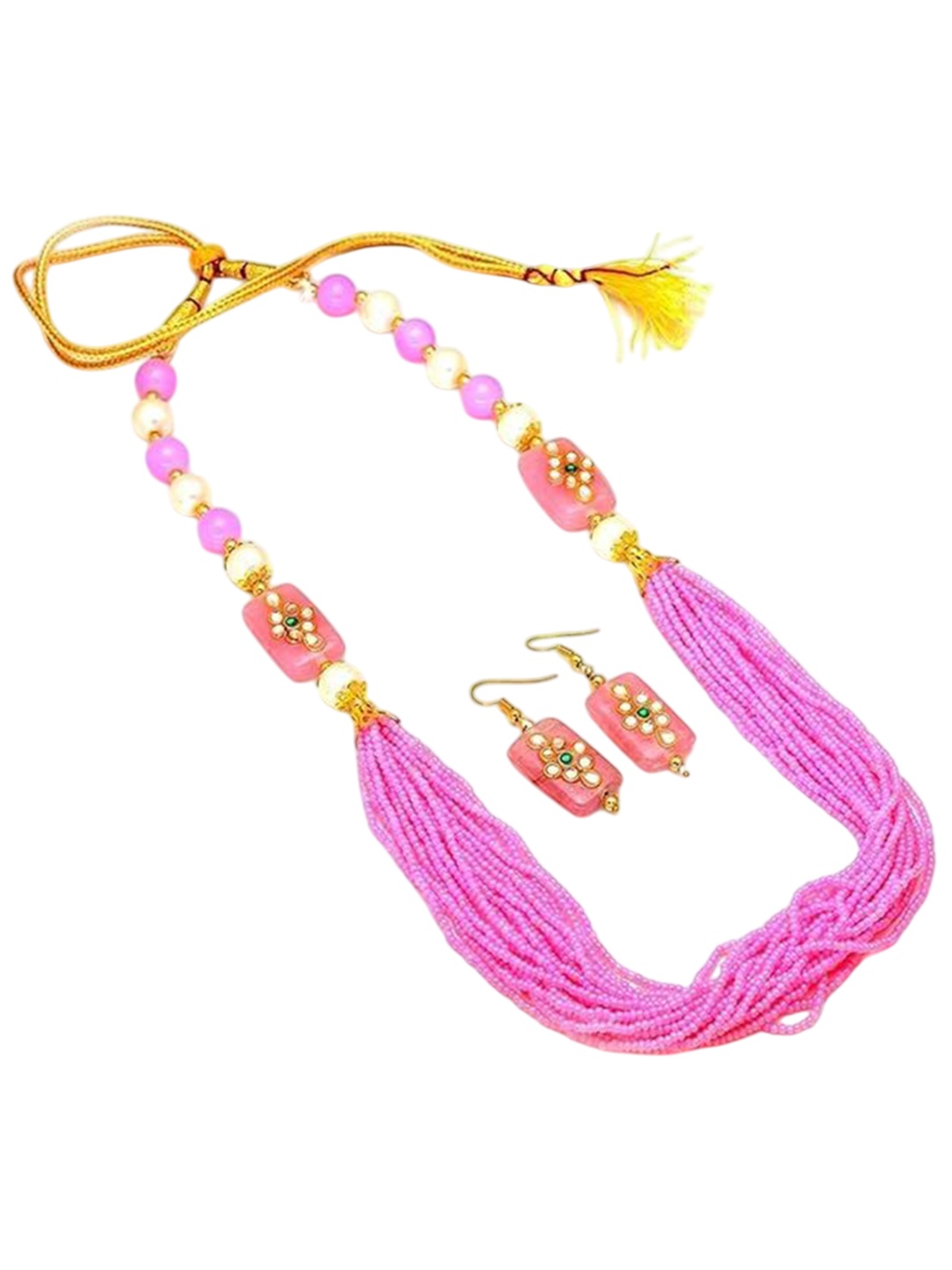 

Kezlin Artificial Cheed Glass Beaded Multi-String Necklace with Earrings, Gold