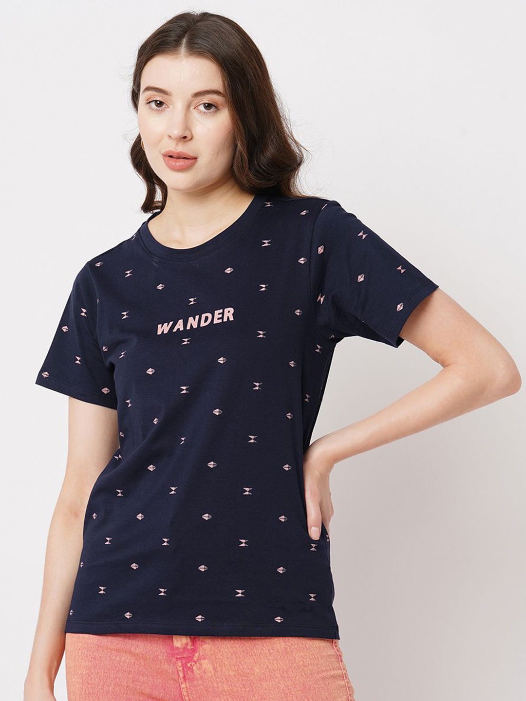 

Mast & Harbour Women Geometric Printed Round Neck Cotton T-shirt, Navy blue