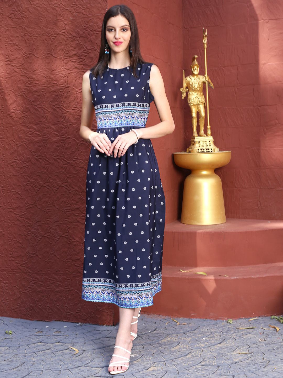 

Sera Women's Ethnic Motifs Print A-Line Midi Dress, Navy blue