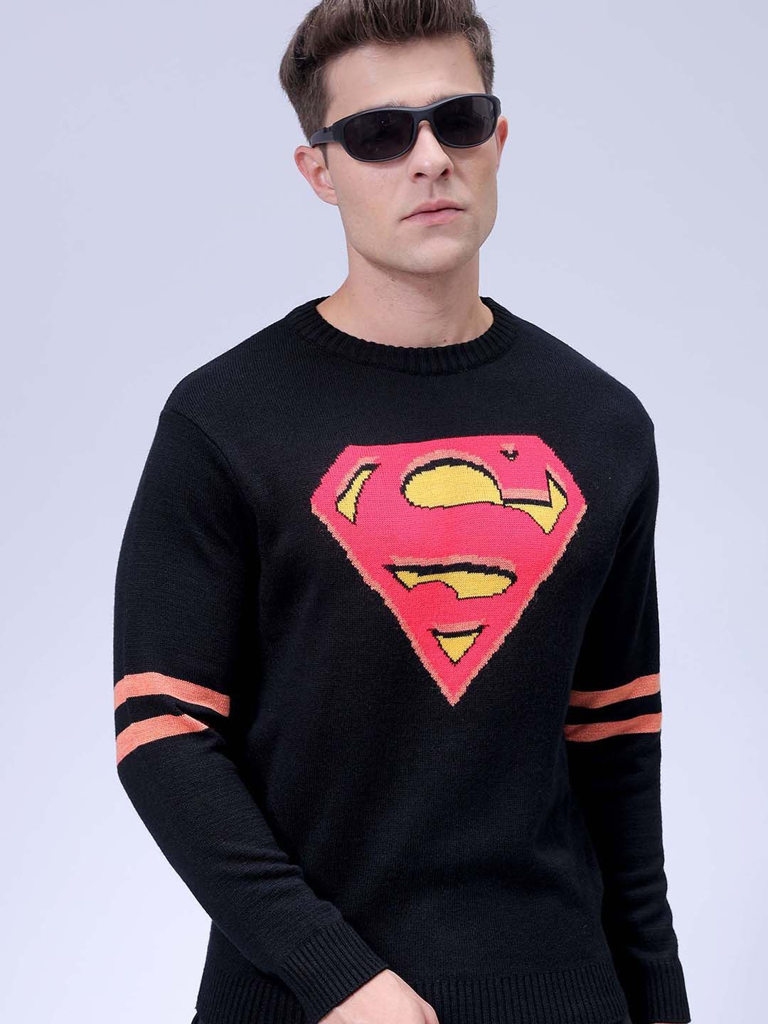 

The Indian Garage Co Men Relaxed Fit Superman Character Printed Jacquard Sweaters, Black