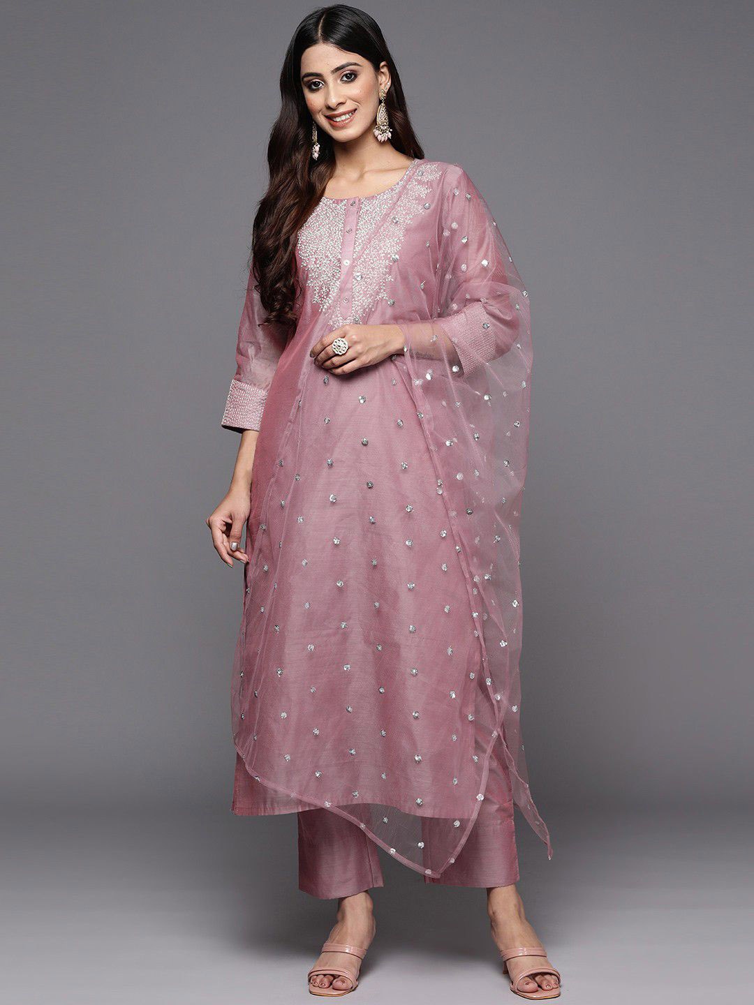 

GUNVANTI FAB Riva Floral Embroidered Round Neck Straight Kurta With Trousers & Dupatta, Mauve