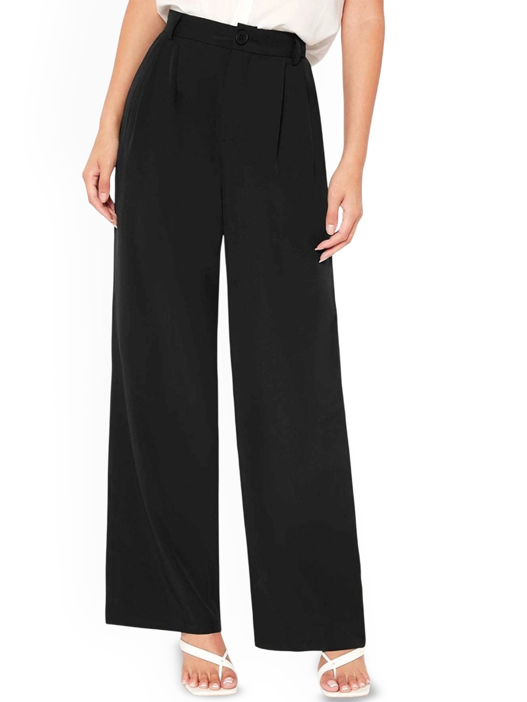 

FNOCKS Women Solid Straight Fit High-Rise Relaxed Fit Trousers, Black