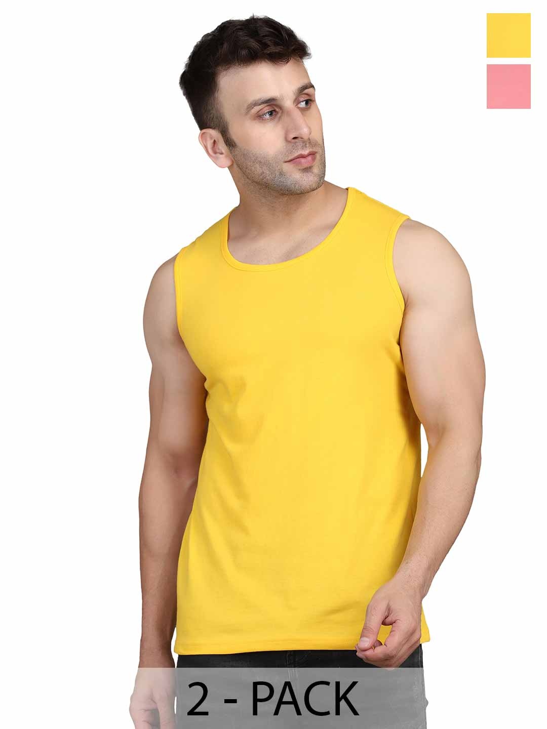 

WOOSTRO Men Pack Of 2 Solid Round Neck Cotton Slim Fit T-shirts, Yellow