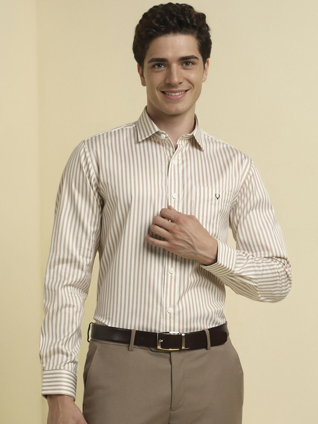 

Allen Solly Men Slim Fit Spread Collar Vertical Striped Cotton Formal Shirt, Beige