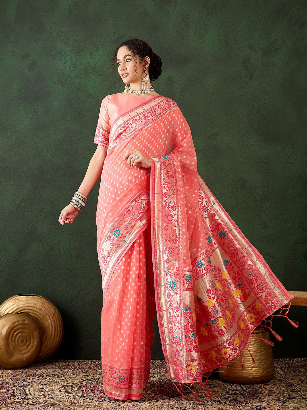 

MANVAA Woven Design Zari Designer Banarasi Saree, Peach