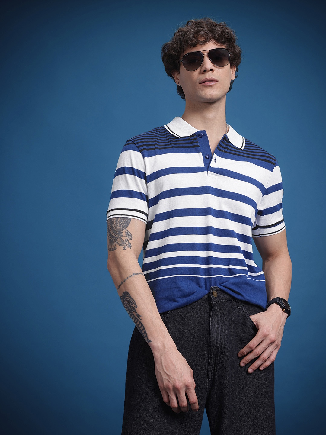 

The Roadster Lifestyle Co. Striped Pure Cotton Polo Collar T-shirt, Blue