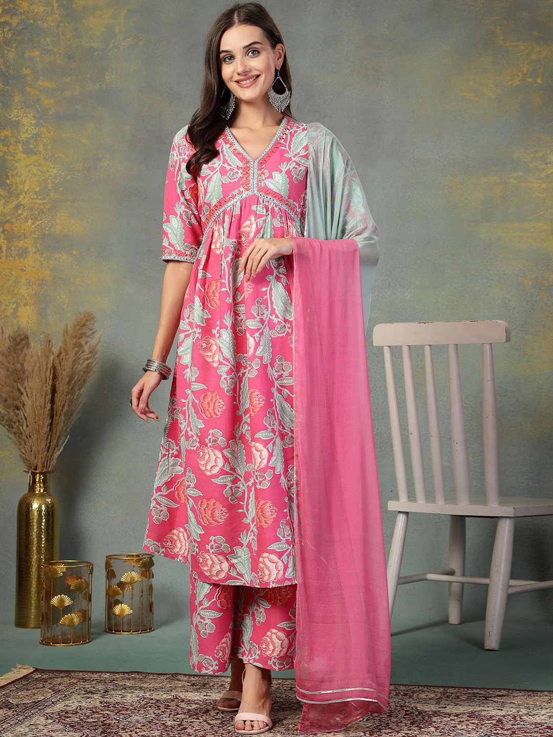 

Stylum Floral Printed V-Neck Anarkali Mirror Work Kurta With Palazzos And Dupatta, Pink