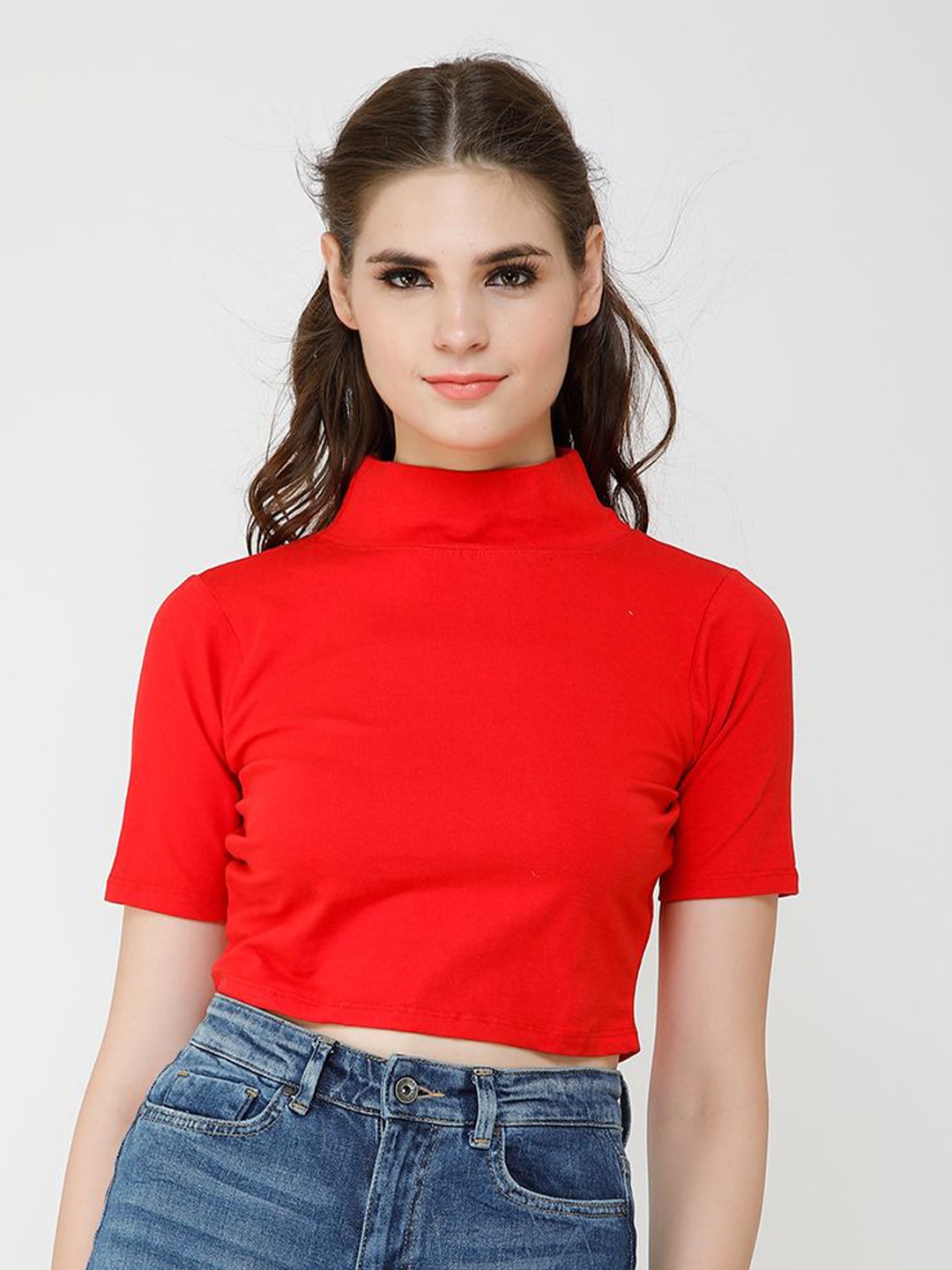 

Moda Rapido Cotton High Neck Short Sleeves Crop Top, Red