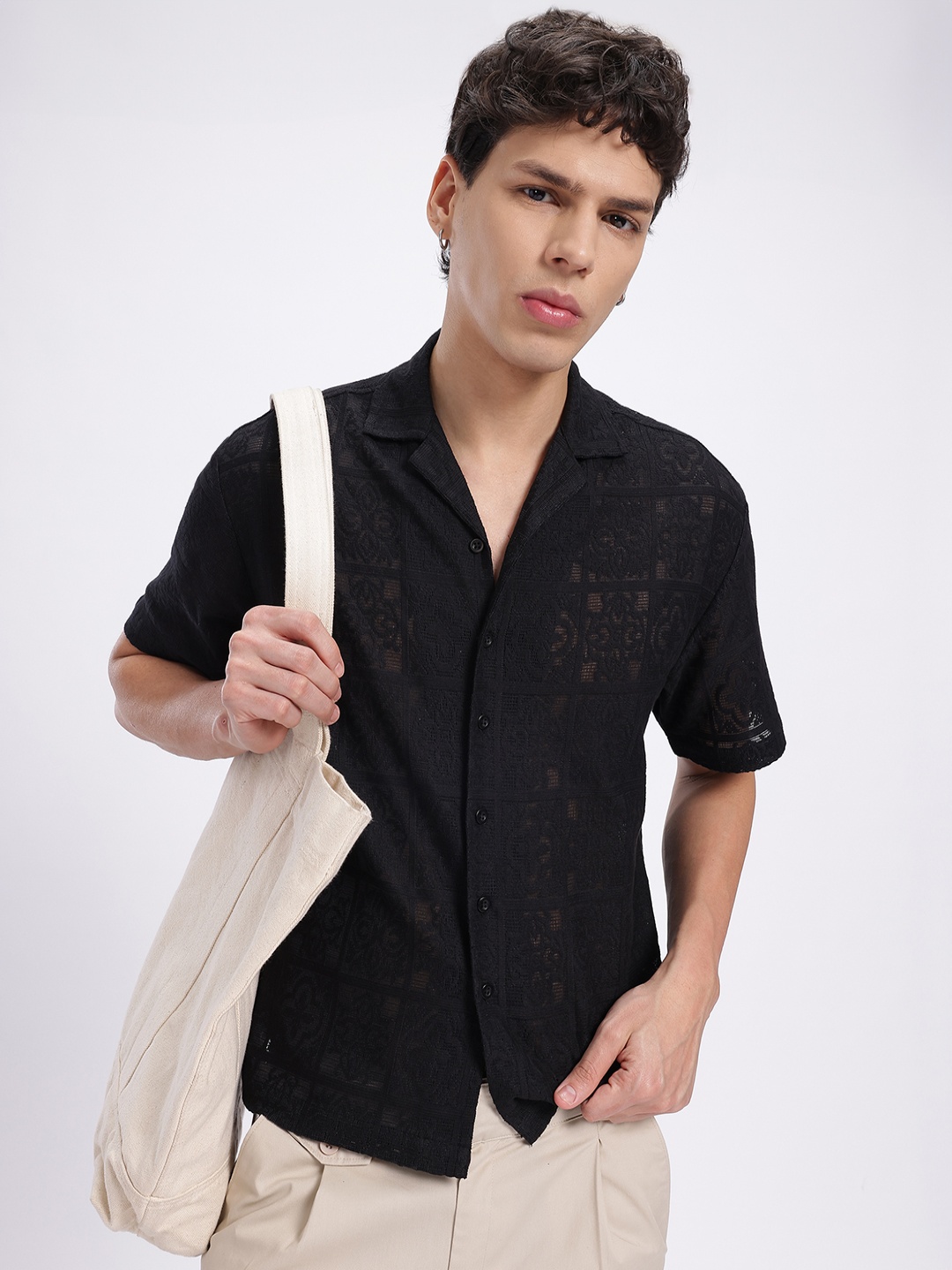 

glitchez Escape Essentials Self-Design Semi-Sheer Regular Shirt, Black