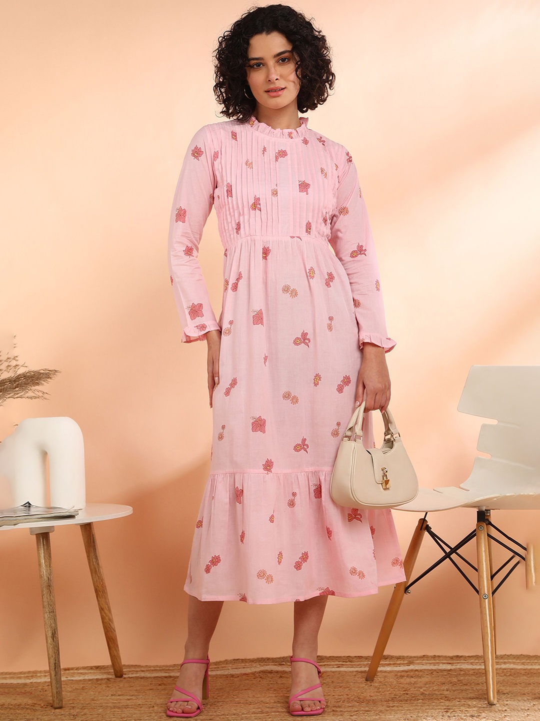

Maaesa Women Floral A-Line Midi Dress, Pink