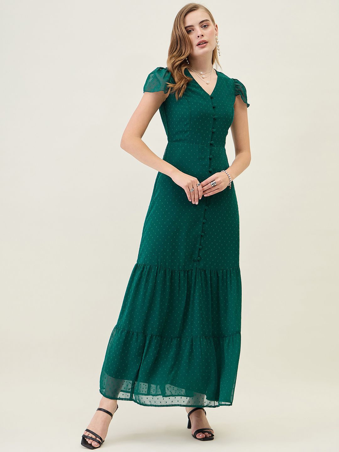 

aayu Layered Georgette A-Line Maxi Dress, Green