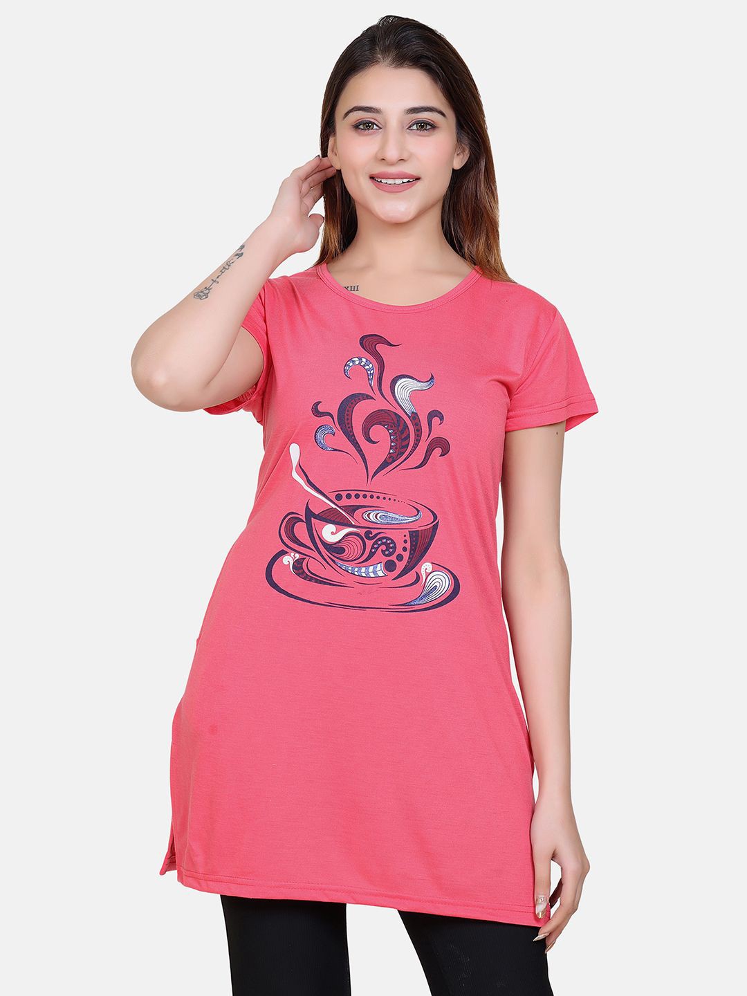 

Divine Girl Graphic Printed Cotton Longline T-Shirt, Pink