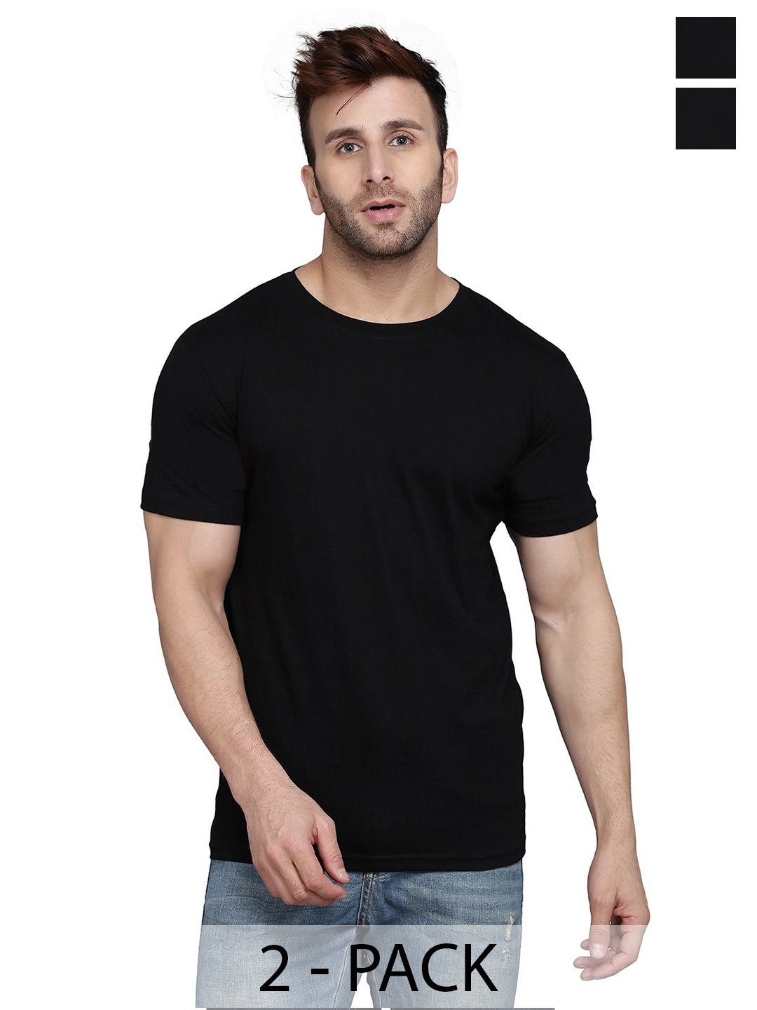 

WOOSTRO Men Pack Of 2 Solid Round Neck Cotton Slim Fit T-shirts, Black