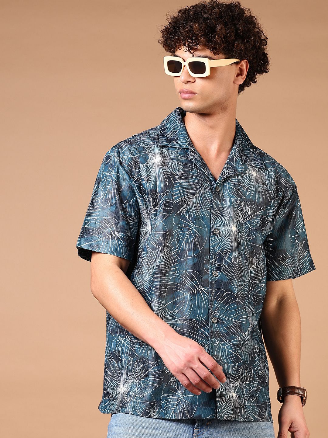 

V-Mart Men Relaxed Fit Cuban Collar Floral Printed Cotton Casual Shirt, Teal