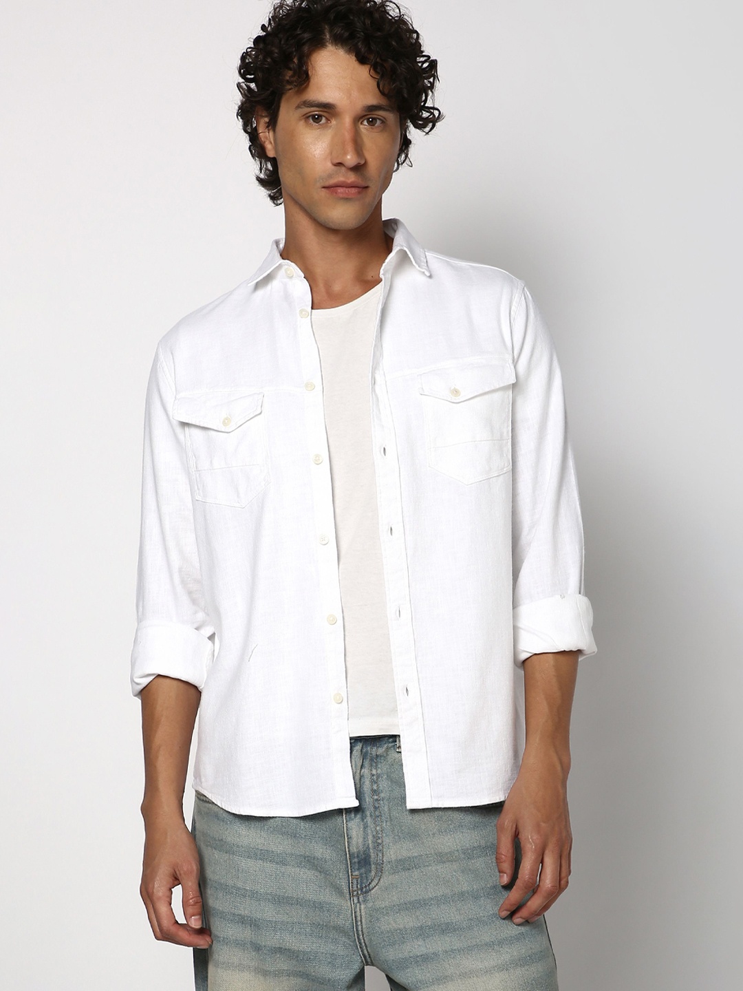 

Blue Buddha Men Relaxed Fit Spread Collar Solid Cotton Casual Shirt, White