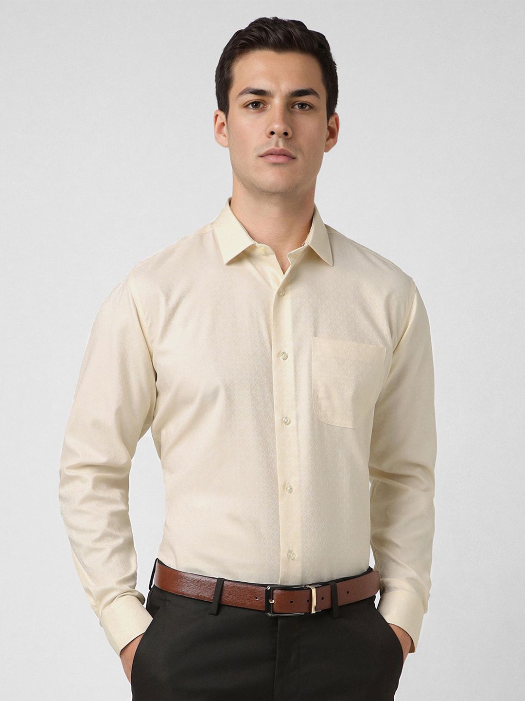 

Van Heusen Men Slim Fit Spread Collar Textured Cotton Formal Shirt, Beige