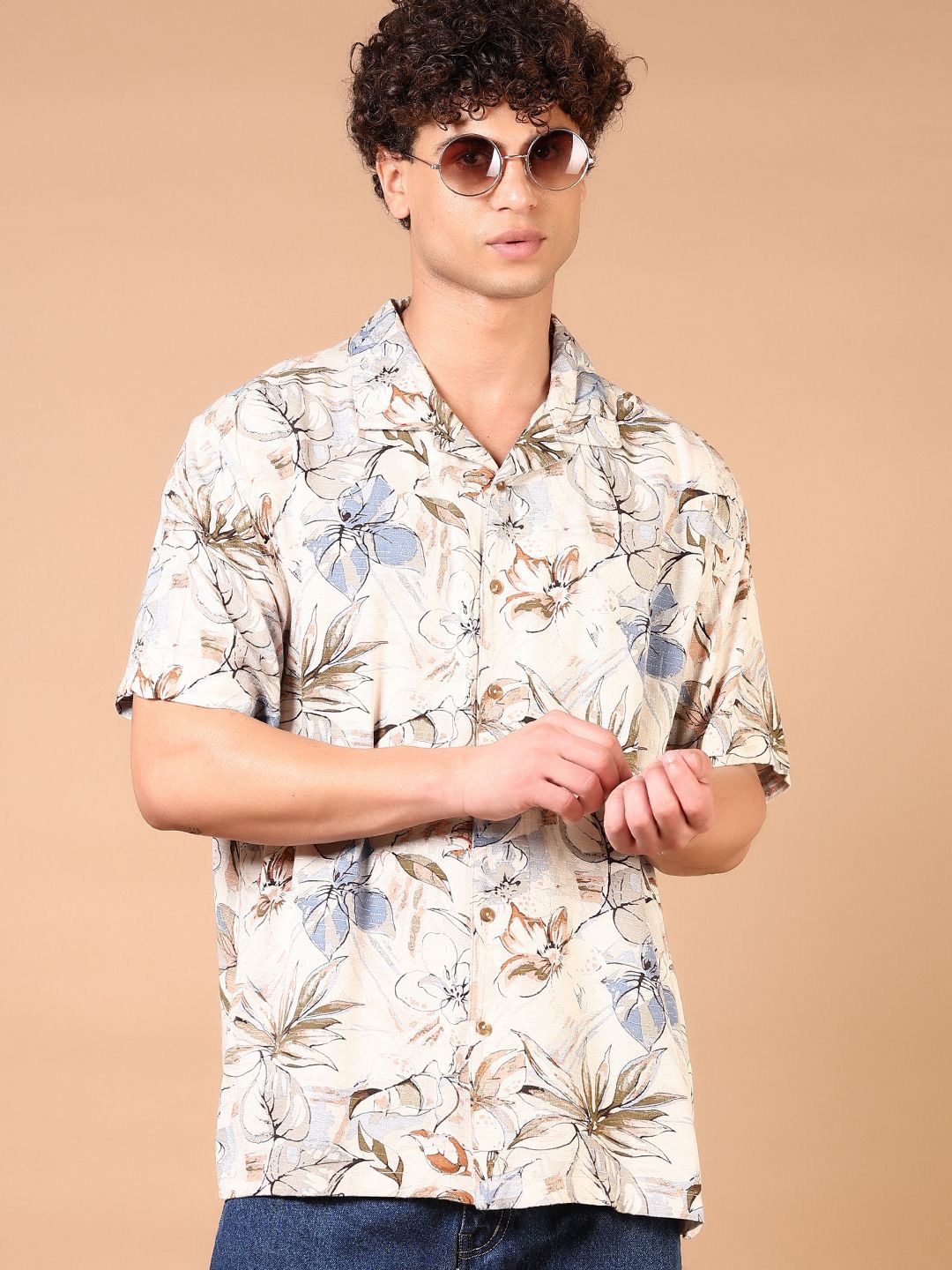 

V-Mart Men Cuban Collar Floral Printed Cotton Casual Shirt, Beige
