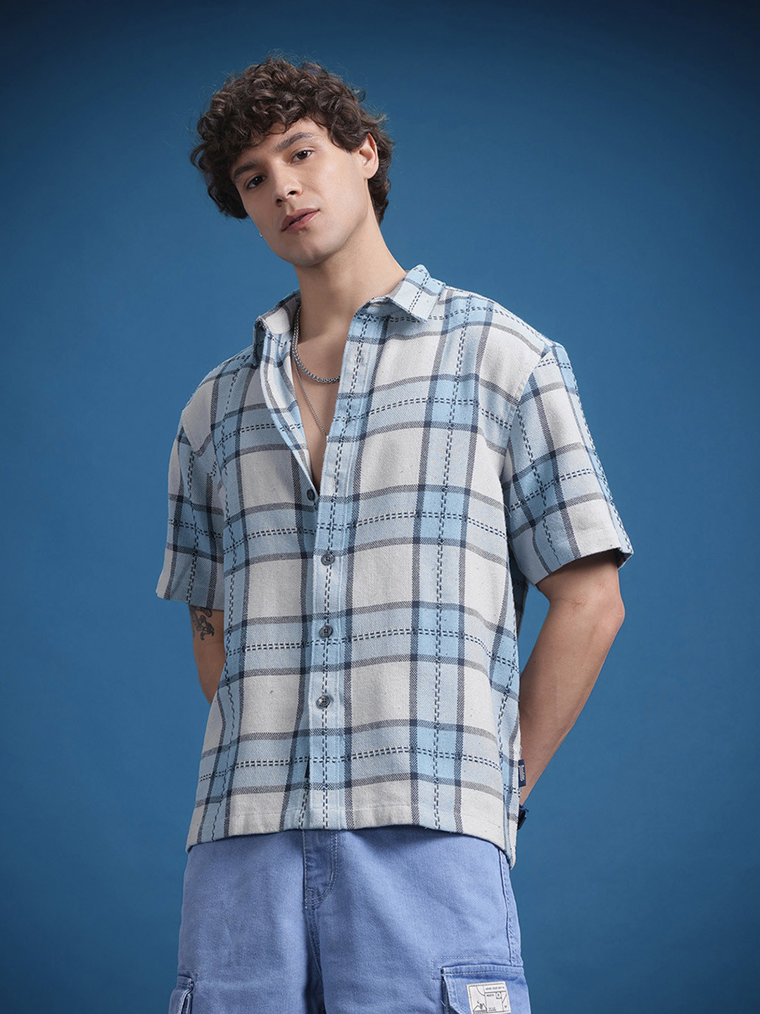 

The Roadster Lifestyle Co. Comfort Checked Pure Cotton Oversized Casual Shirt, Off white