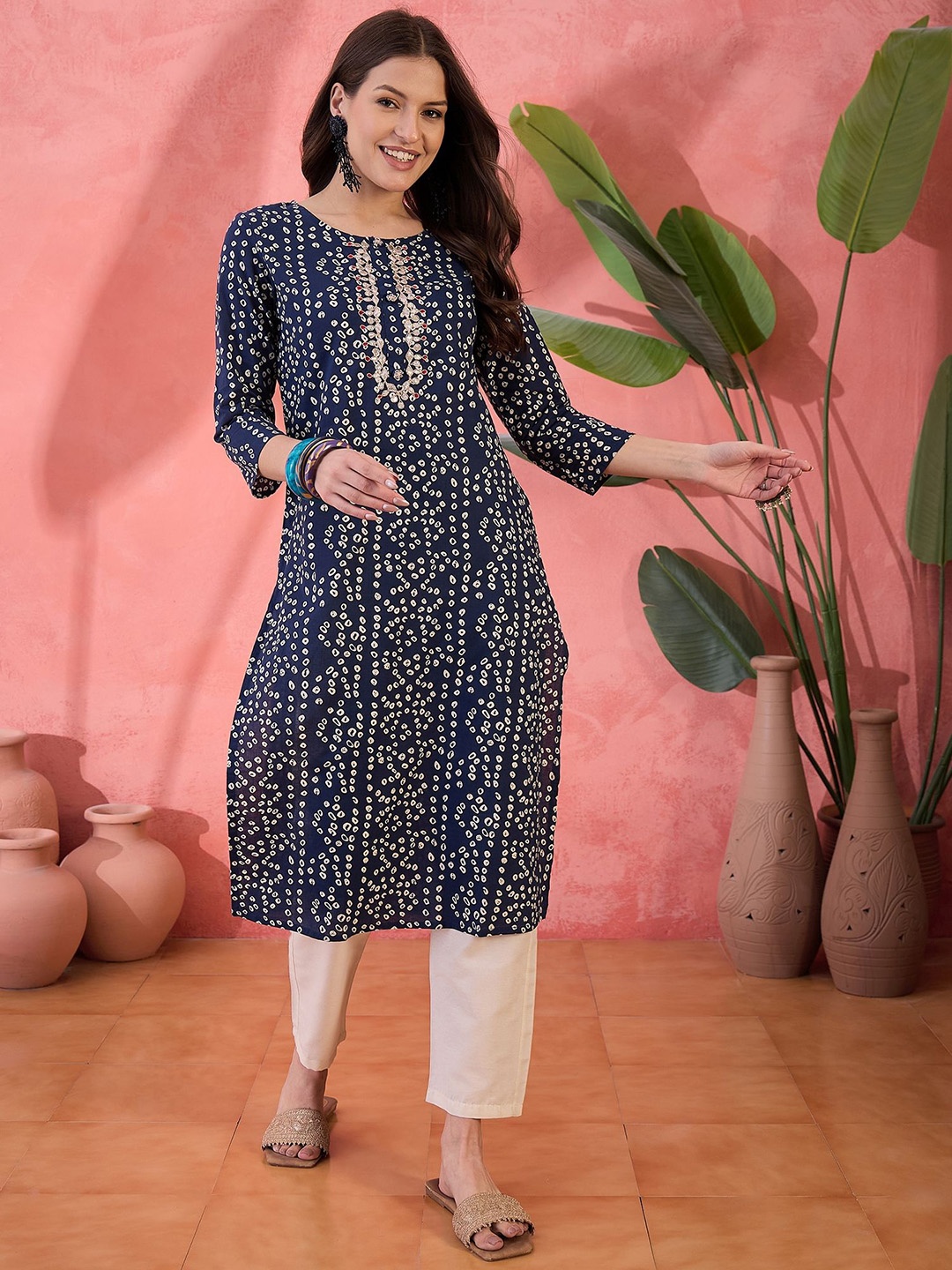 

RangDeep Bandhani Printed Gotta Patti Pure Cotton Straight Kurta, Blue