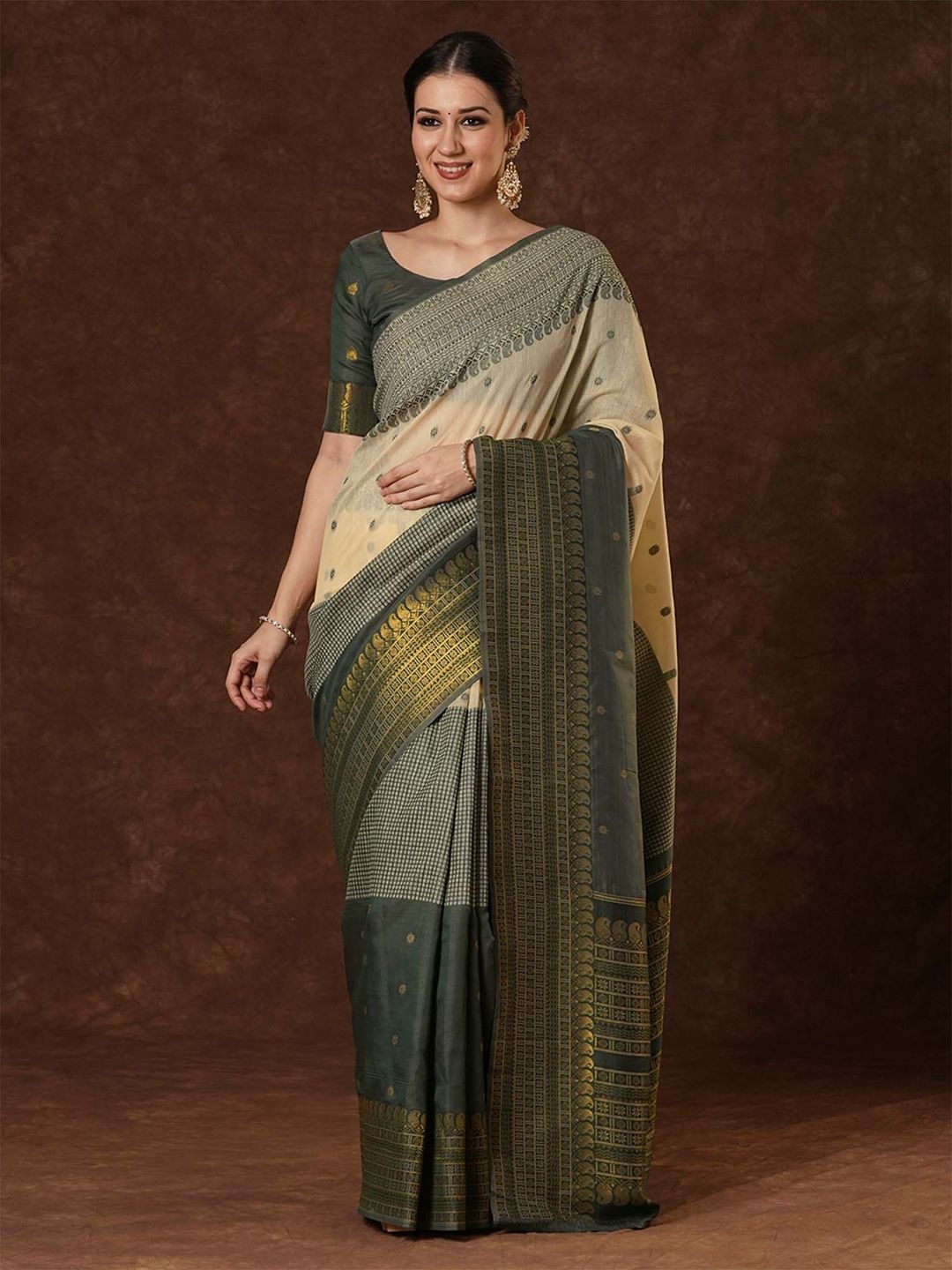 

Saree mall Ethnic Motifs Zari Venkatgiri Sarees, Olive