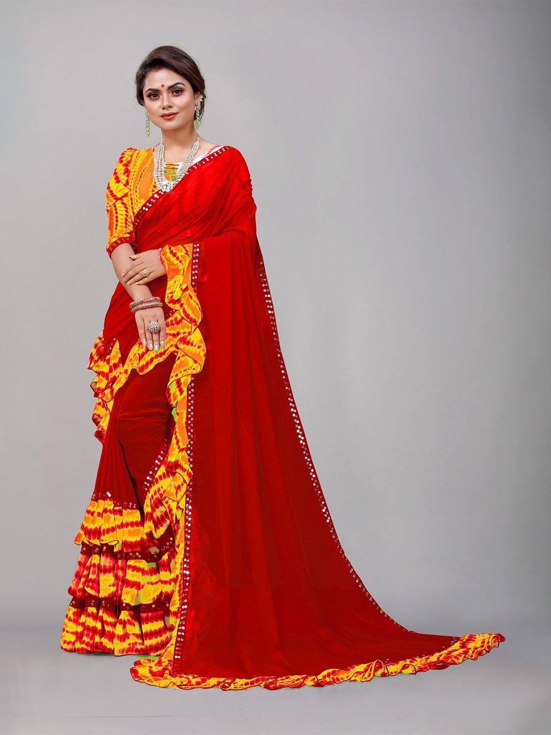 

Moda Rapido Leheriya Mirror Work Pure Georgette Leheriya Saree, Maroon