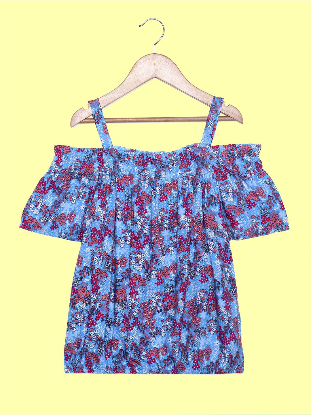 

CACA CINA Girls Floral Printed Shoulder Straps Blouson Top, Blue
