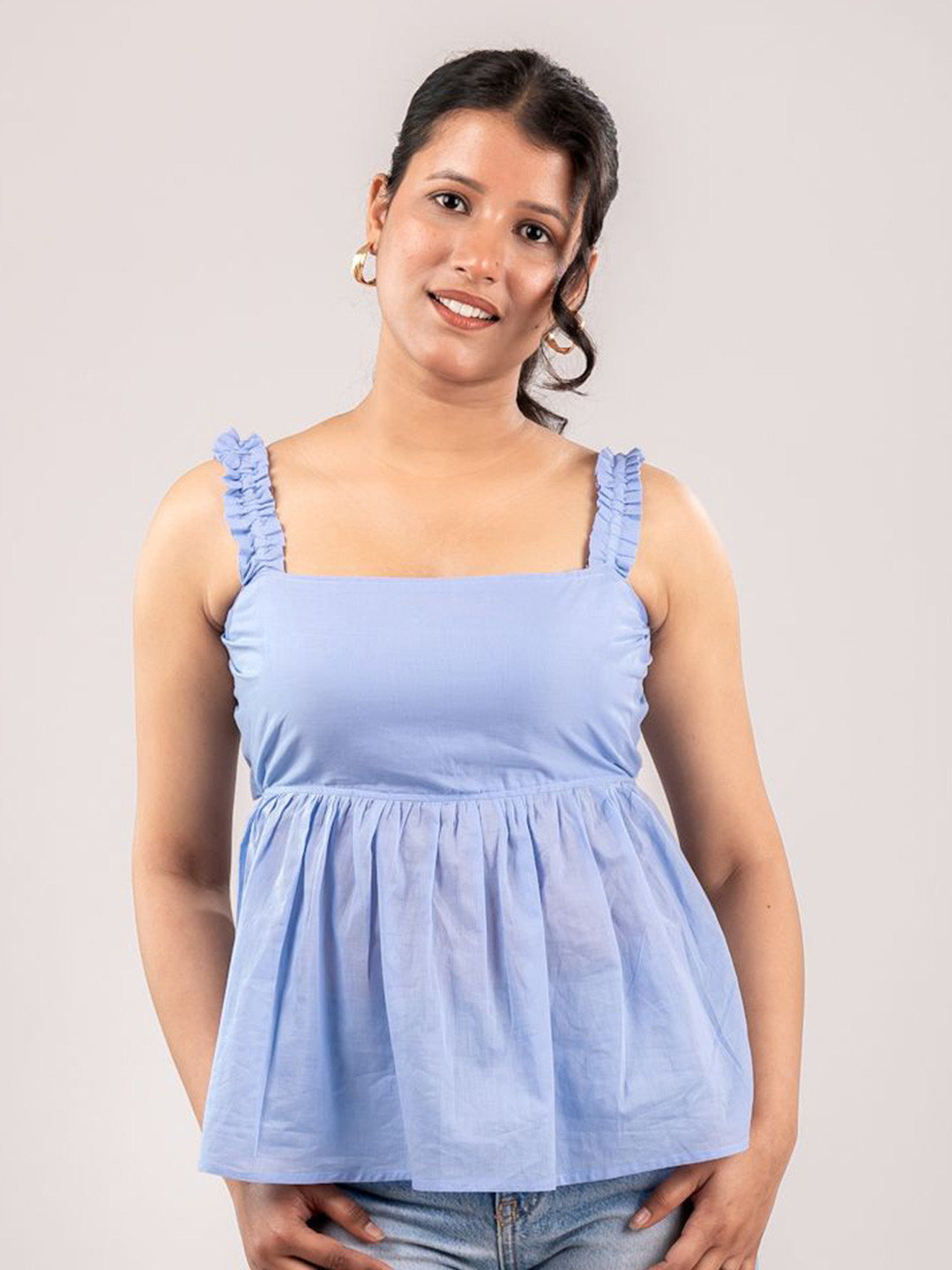 

MONOMEE Women Shoulder Straps Styled Back Top, Blue