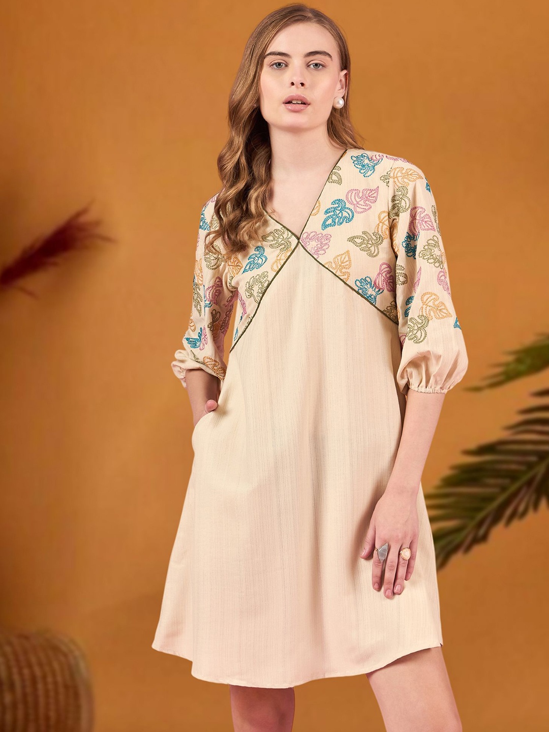 

all about you Floral Printed Puff Sleeve Fit & Flare Dress, Beige