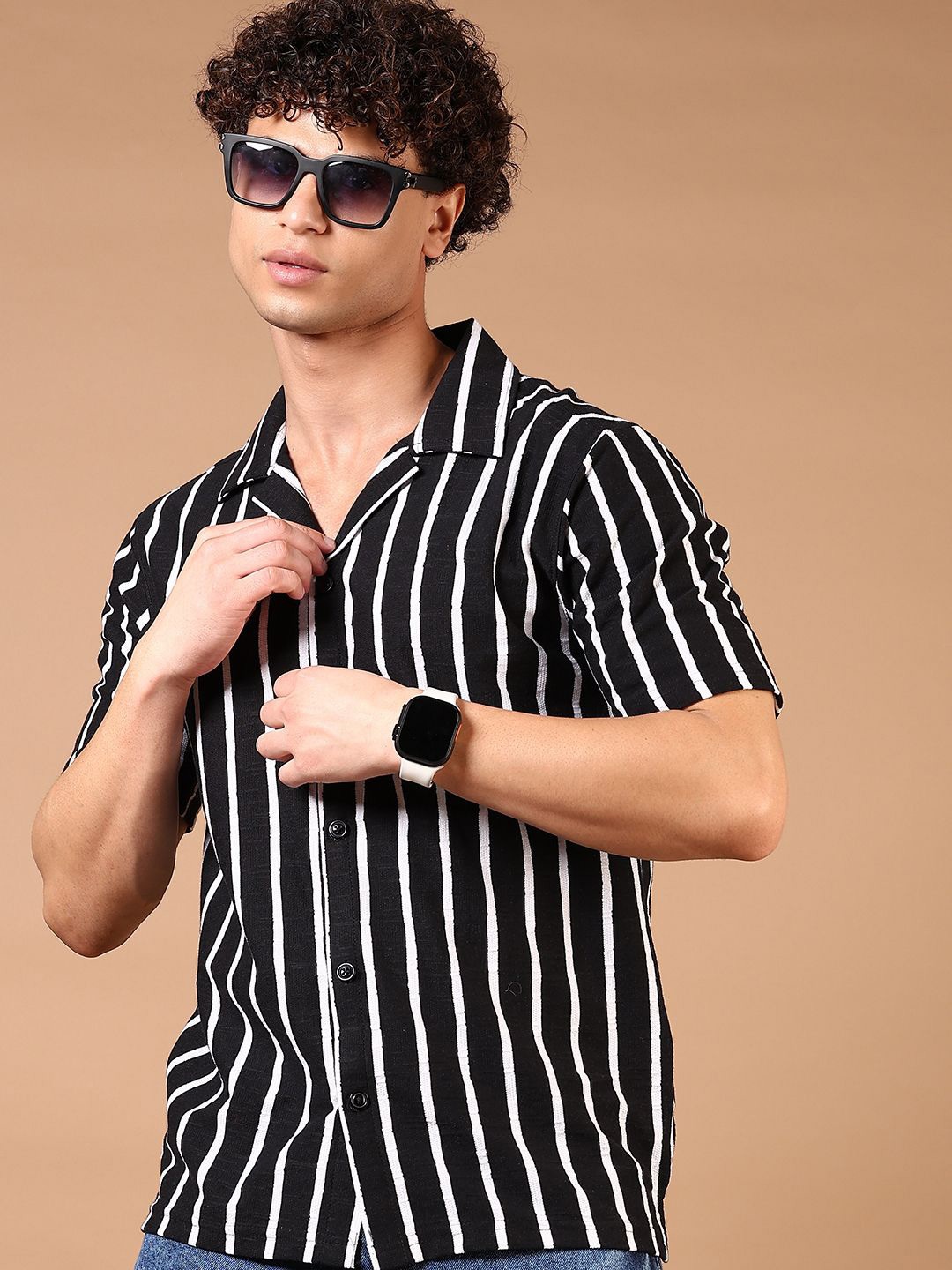 

V-Mart Men Cuban Collar Vertical Striped Cotton Casual Shirt, Black