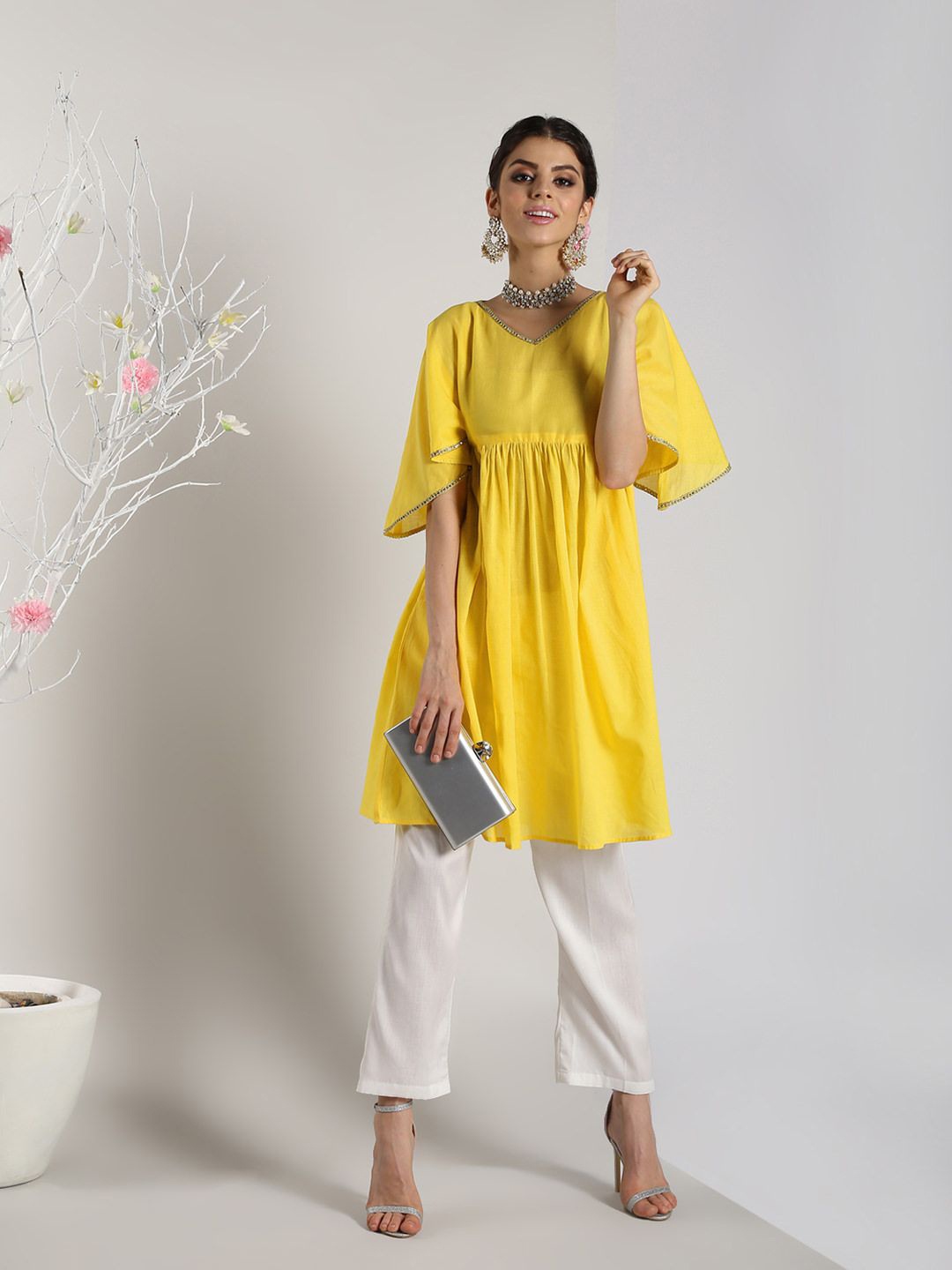 

Abhishti V-Neck Flared Sleeves Cotton Silk A-Line Kurta, Yellow