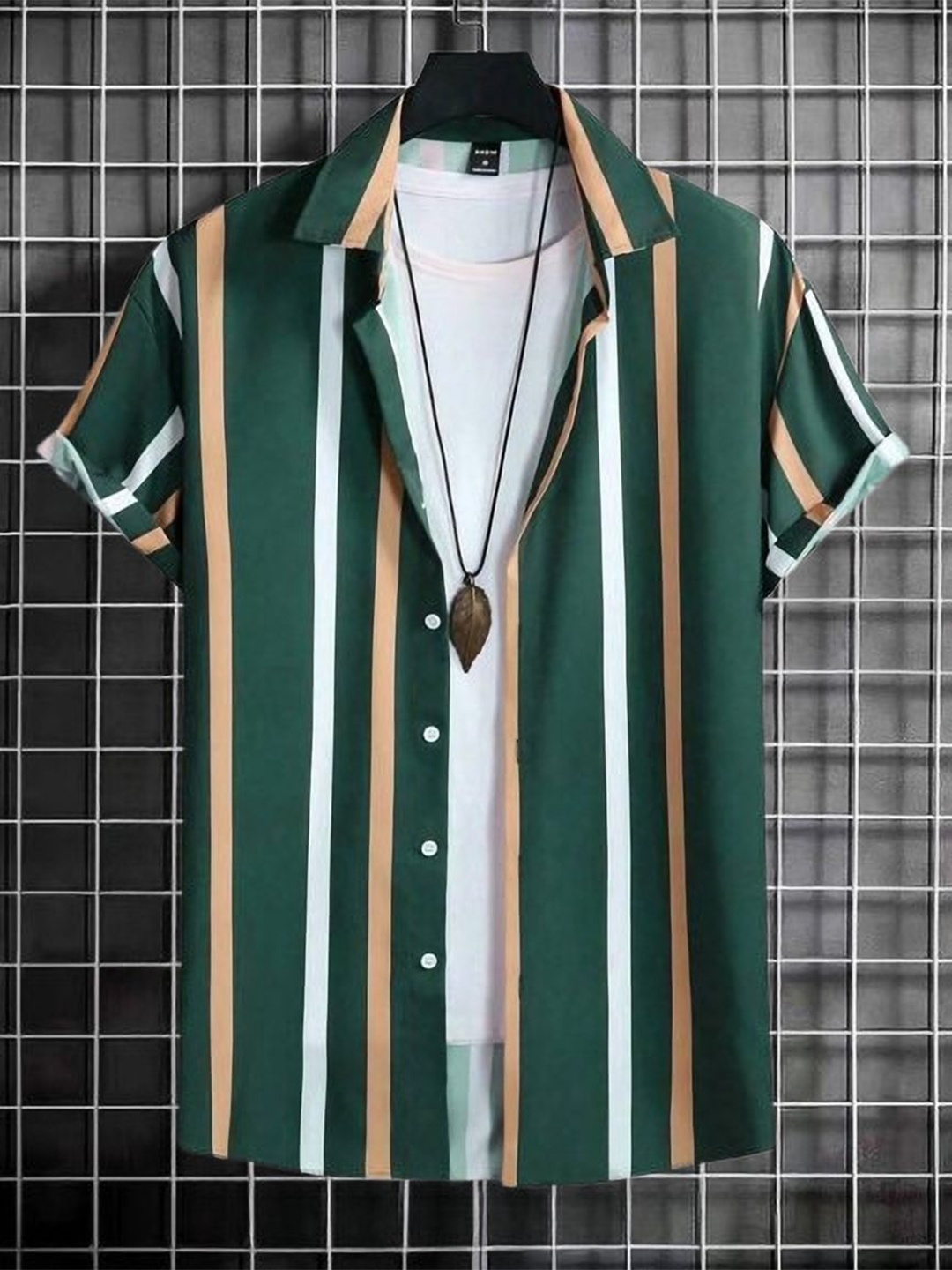 

iCome Men Spread Collar Vertical Striped Casual Shirt, Olive