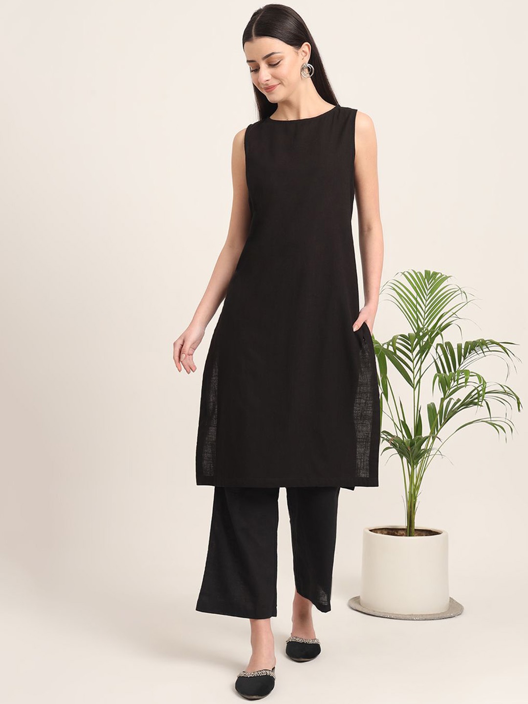 

Thevasa Pure Cotton Tunic With Trouser, Black