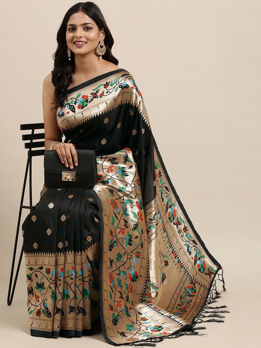 

DIVASTRI Woven Design Zari Silk Blend Paithani Saree, Black