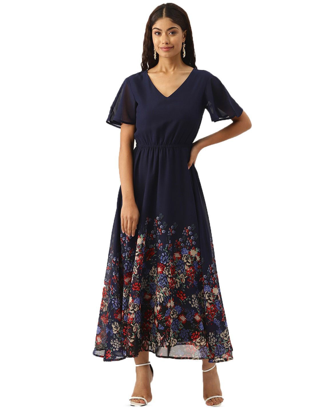 

DressBerry Floral Print Flared Sleeve Georgette A-Line Maxi Dress, Navy blue