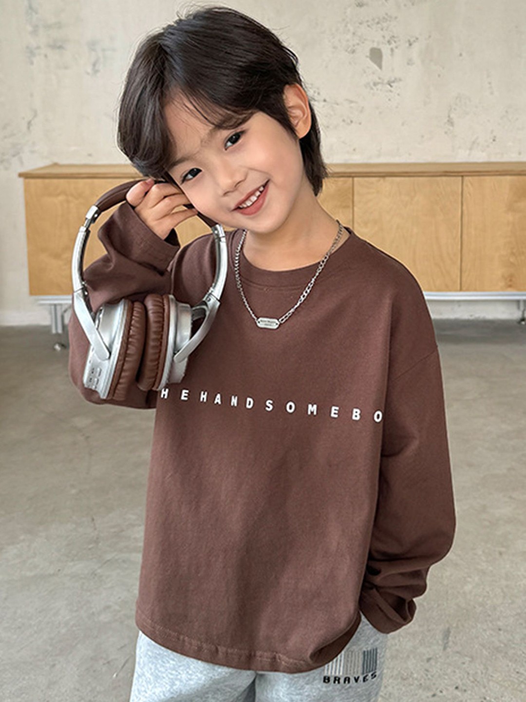 

LULU & SKY Boys Typography Printed Round Neck Cotton Oversized T-shirt, Brown