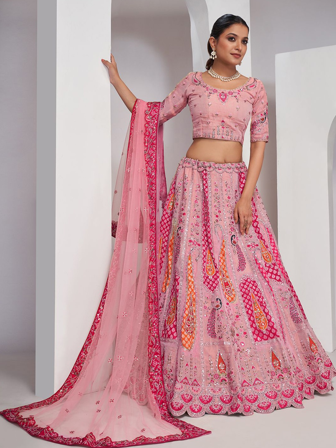 

FABPIXEL Embroidered Sequinned Semi-Stitched Lehenga & Unstitched Blouse With Dupatta, Pink