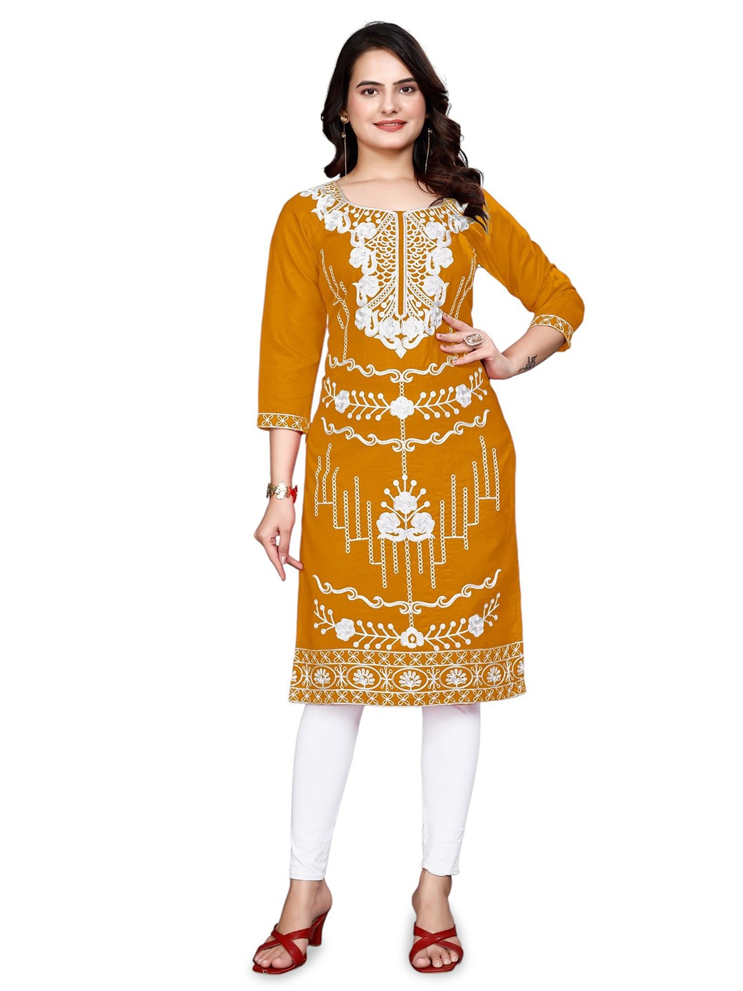 

SPECKLESS Floral Embroidered Cotton Straight Kurta, Yellow