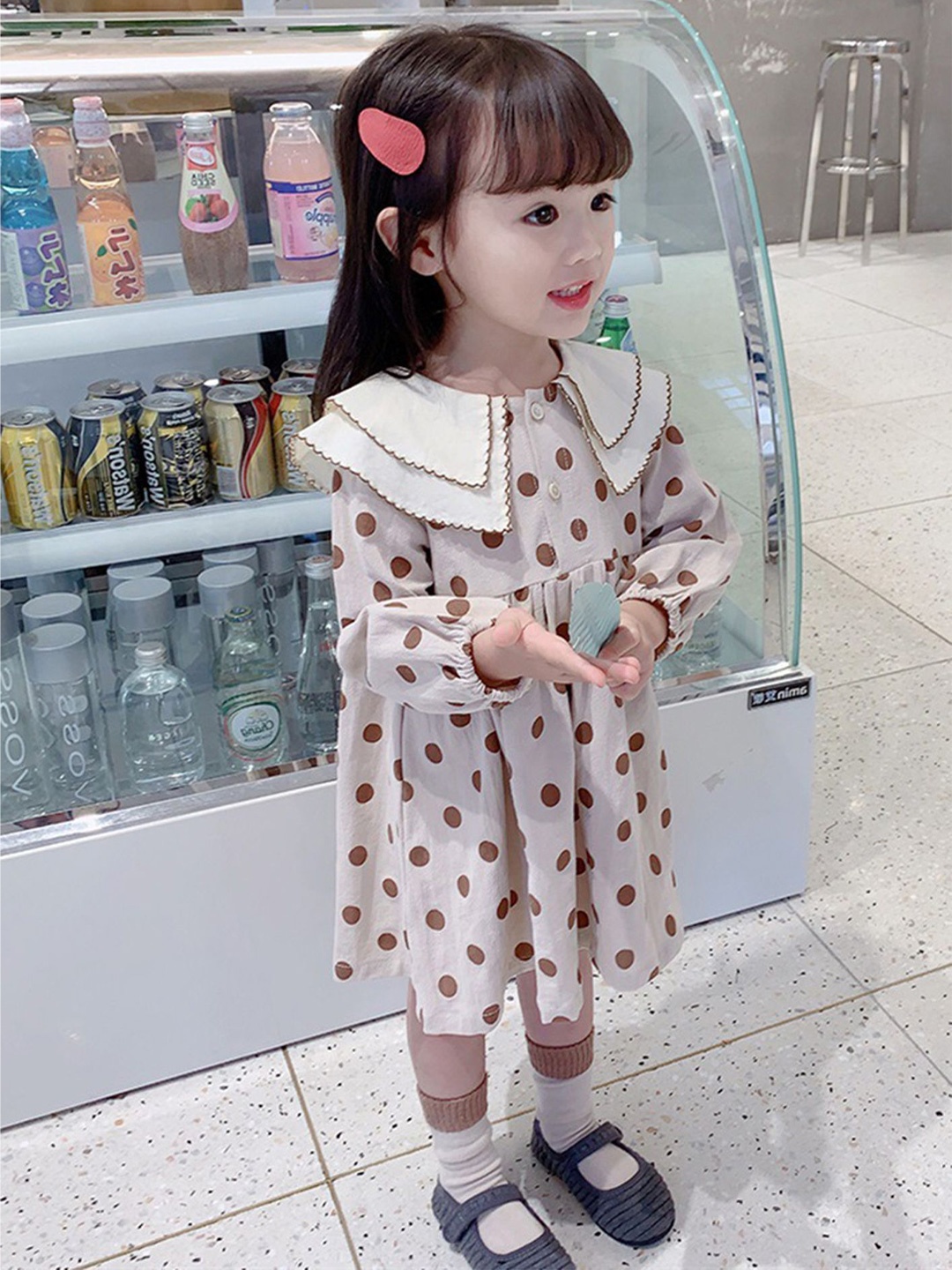 

LULU & SKY Girls Polka Dots Bishop Sleeves Pure Cotton Fit and Flare Dress, Beige