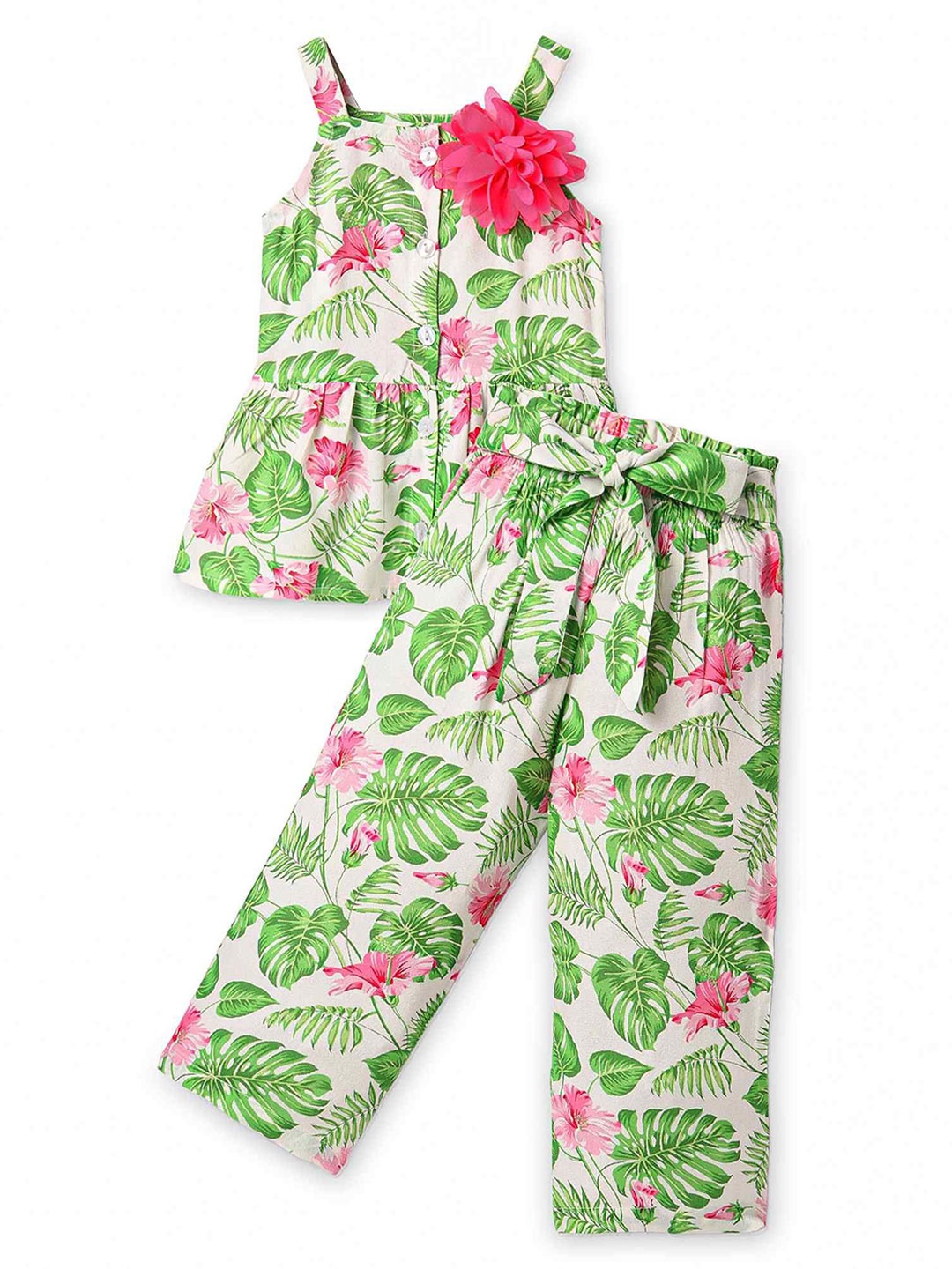 

CrayonFlakes Girls Printed Square Neck Top With Palazzo, Off white