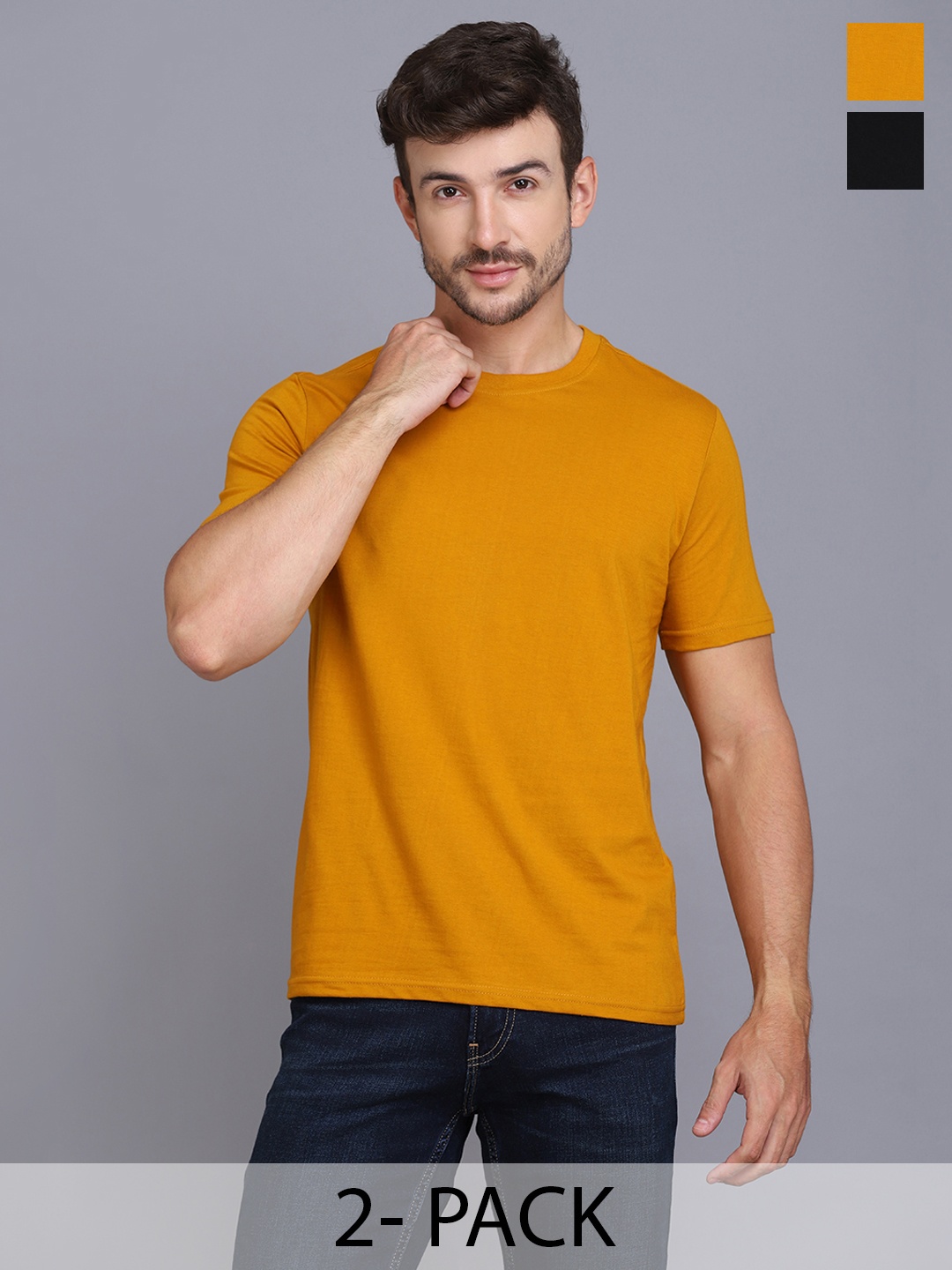 

WOOSTRO Men Pack Of 2 Solid Round Neck Cotton Slim Fit T-shirts, Mustard