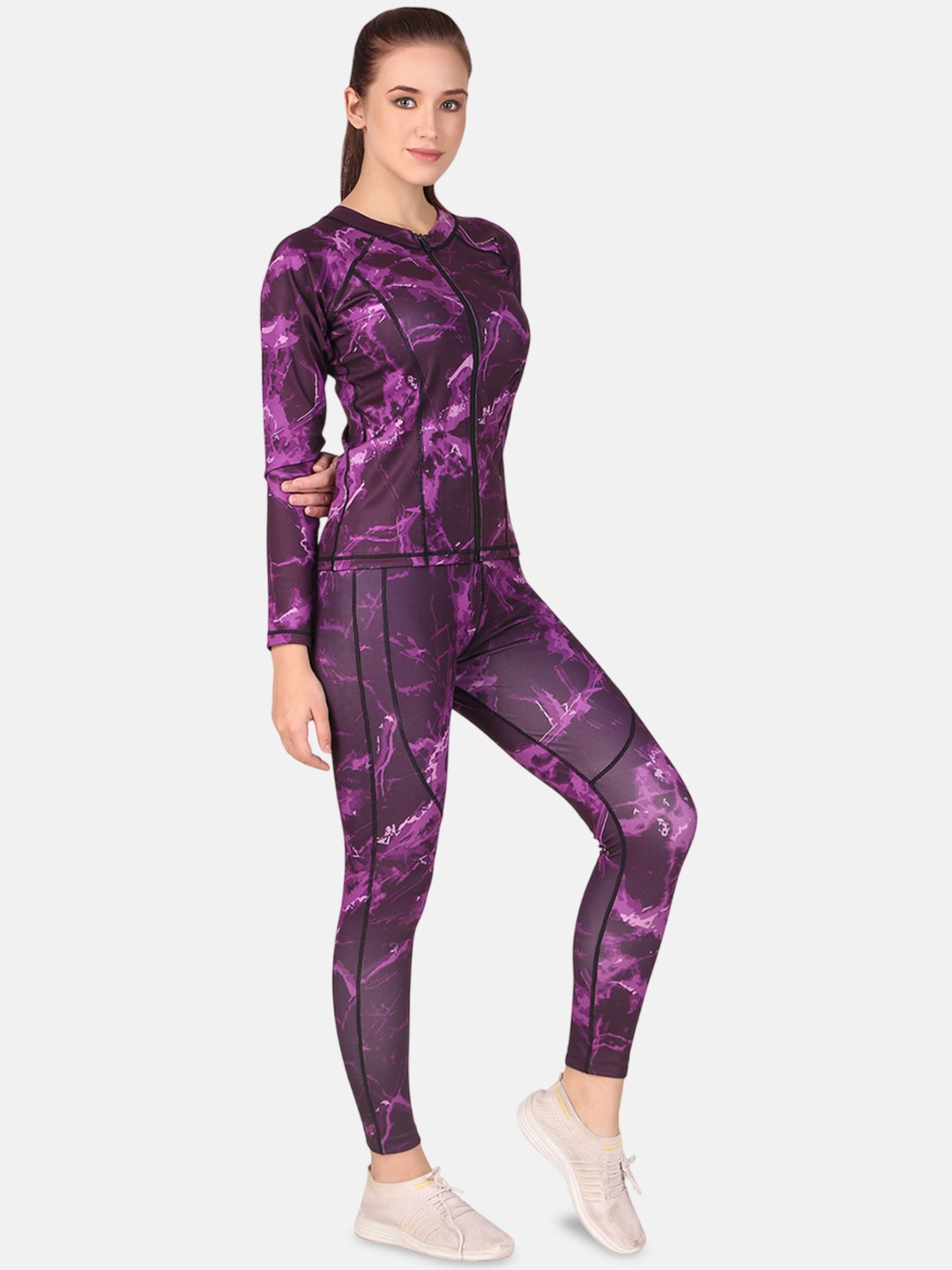 

BENZOS Women Printed Round Neck Tracksuits, Purple