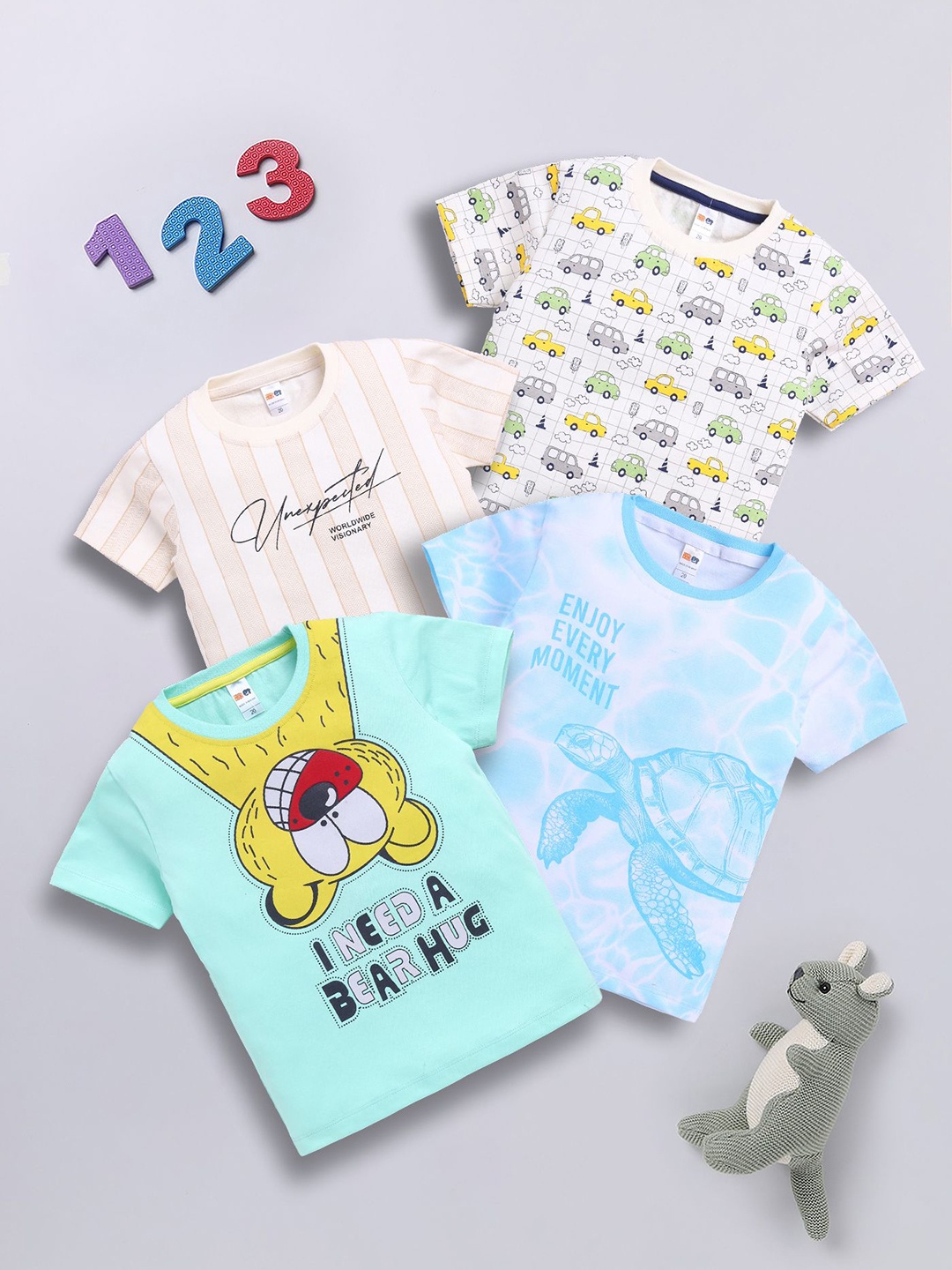 

LITTLE NINJA Boys Pack Of 4 Graphic Printed Round Neck Cotton T-shirts, Blue