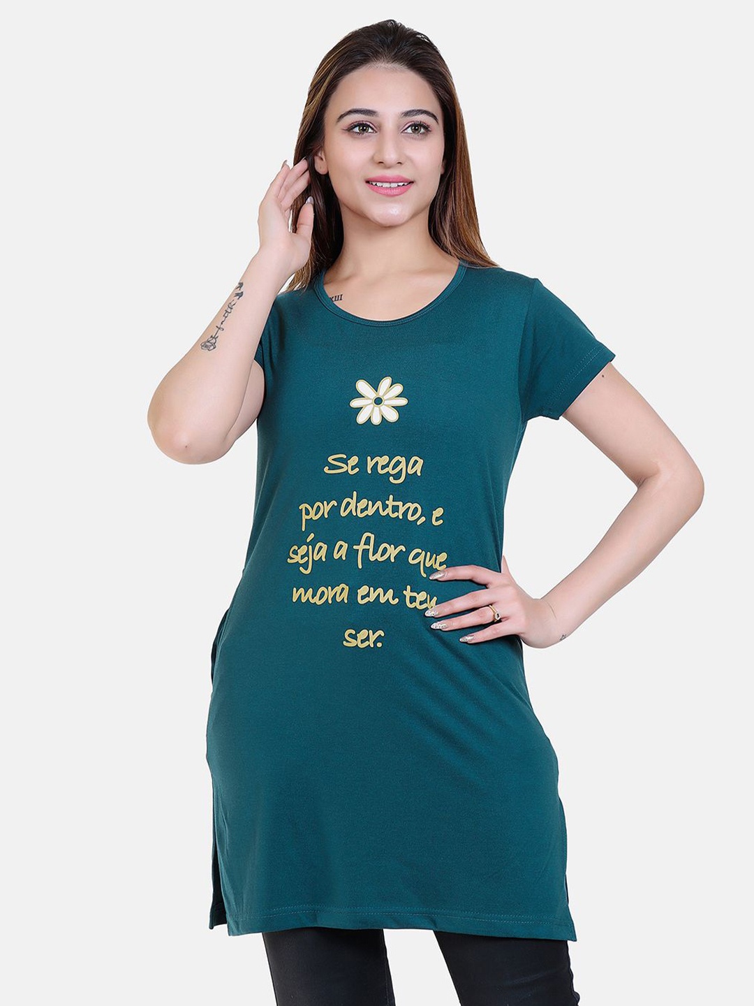 

Divine Girl Women Print Cotton Longline Top, Teal