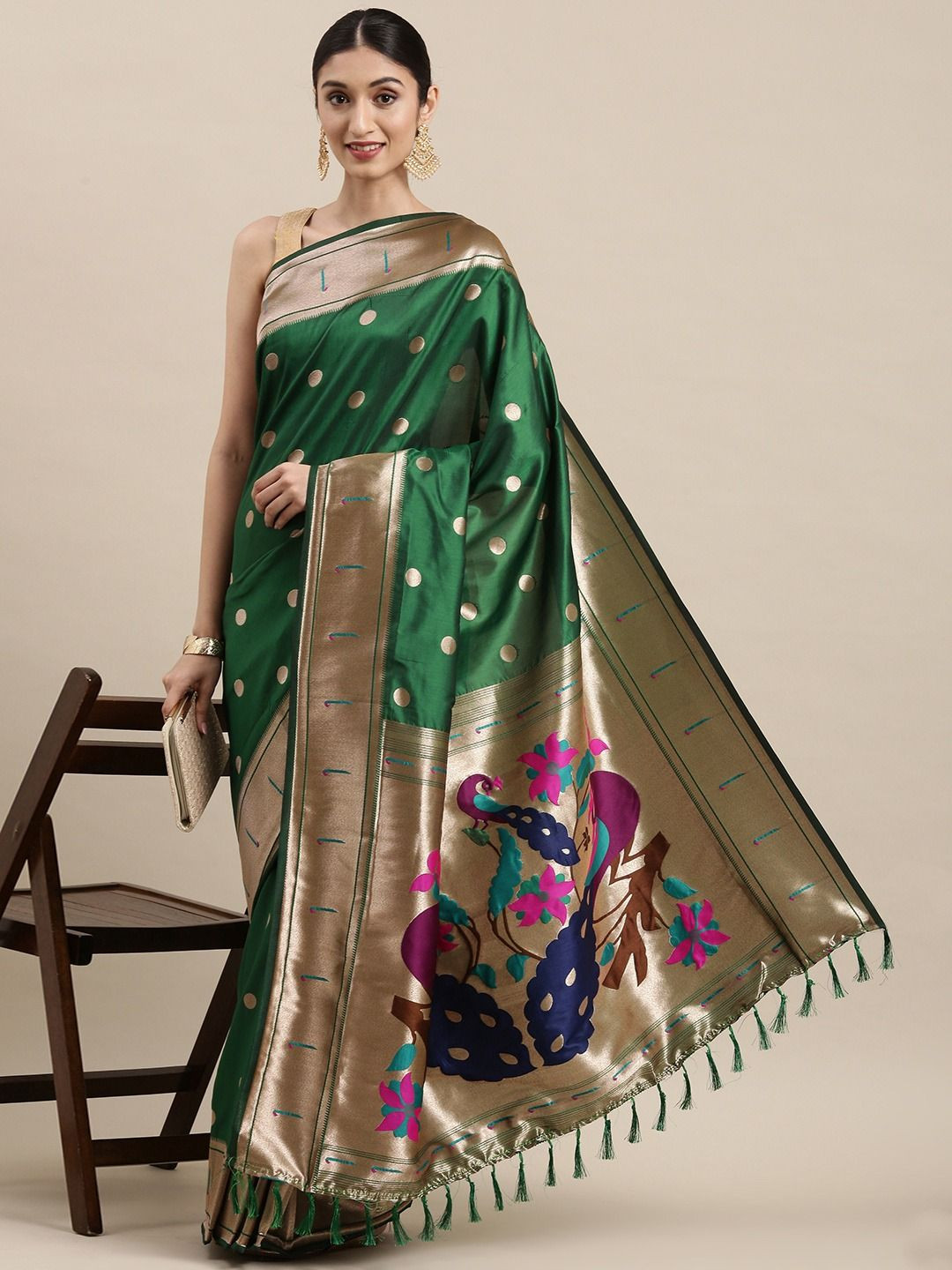 

DIVASTRI Ethnic Motifs Woven Design Zari Paithani Saree, Green