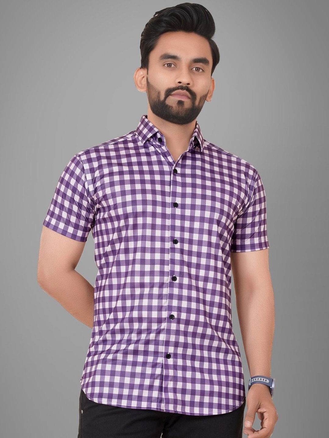 

Metronaut Men Gingham Checks Semi Sheer Checked Casual Shirt, Purple