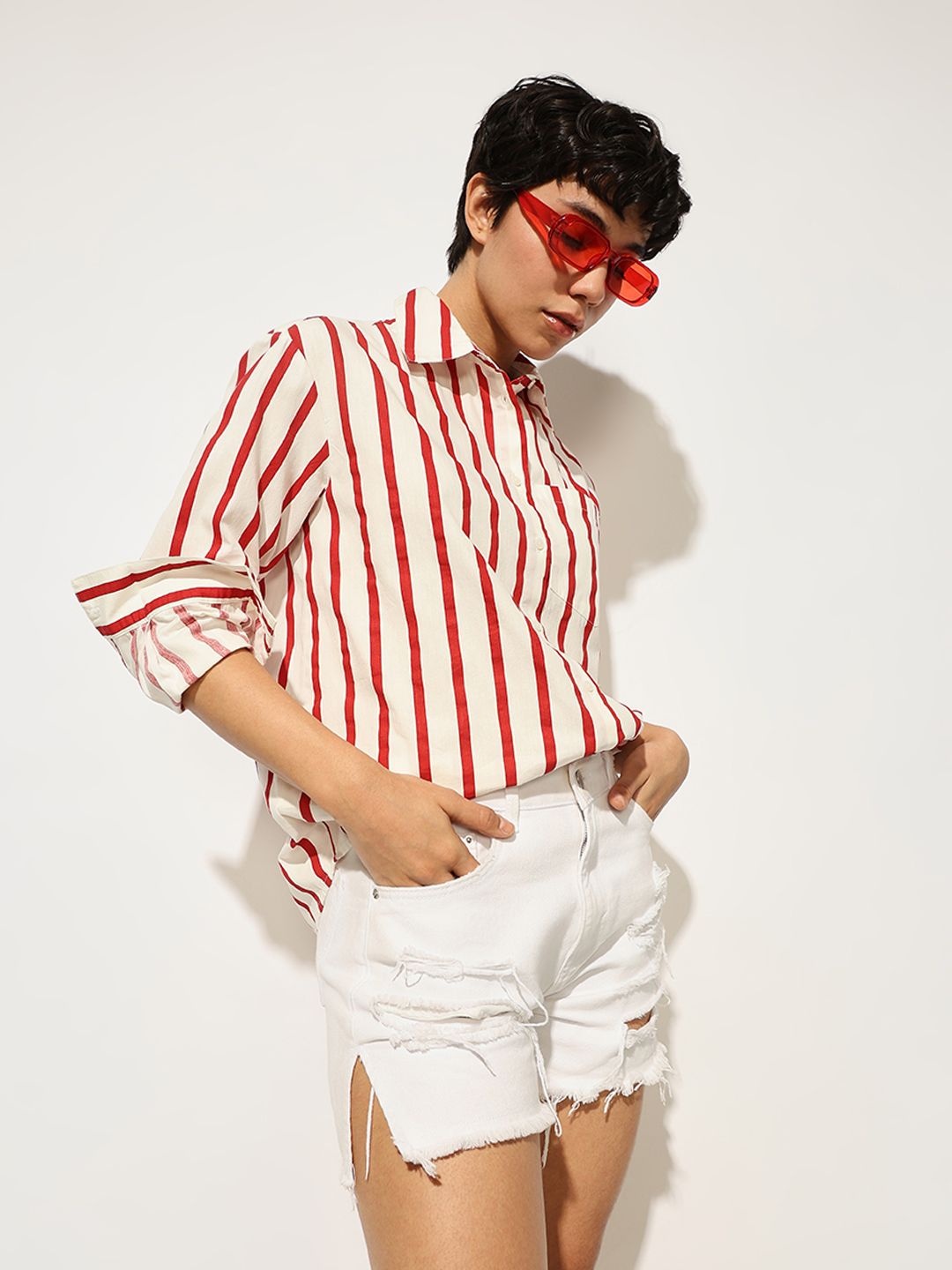 

ONLY Women Spread Collar Vertical Striped Cotton Casual Shirt, Red